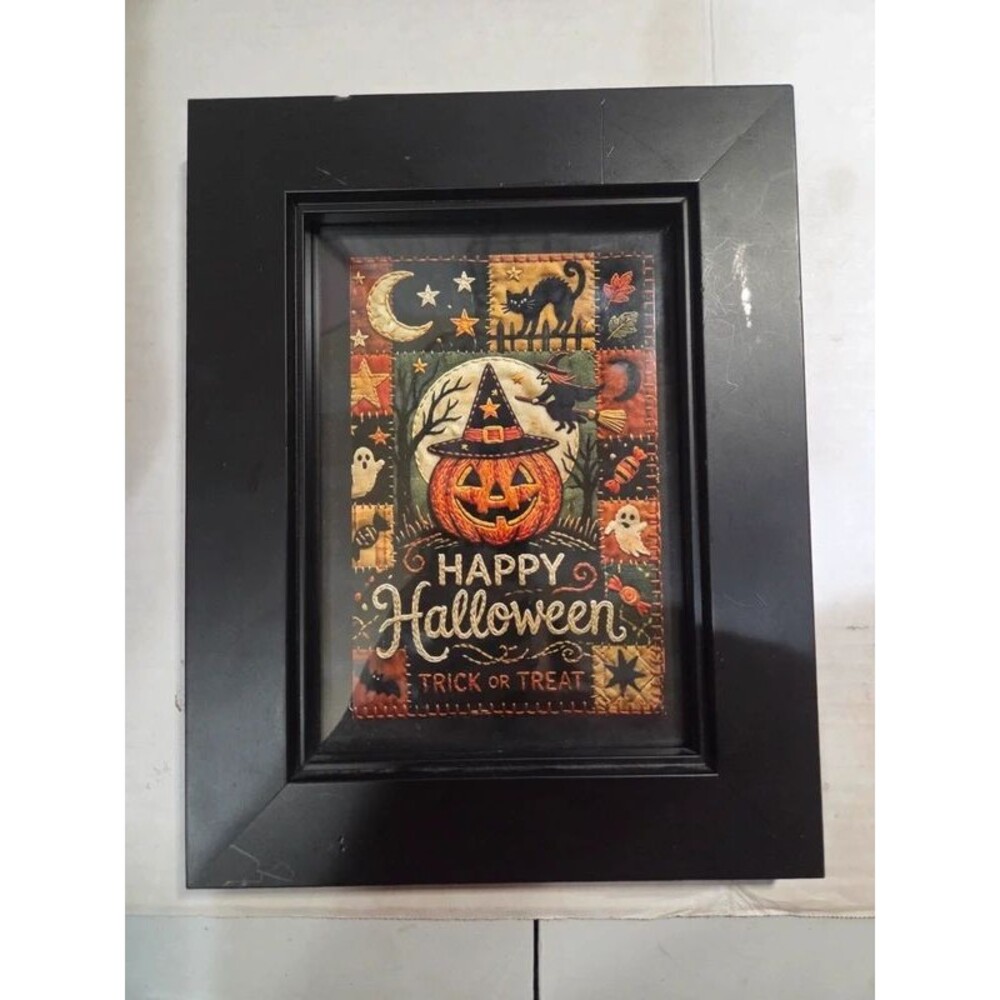 Vintage-Style "Happy Halloween" Framed Folk Art Decor